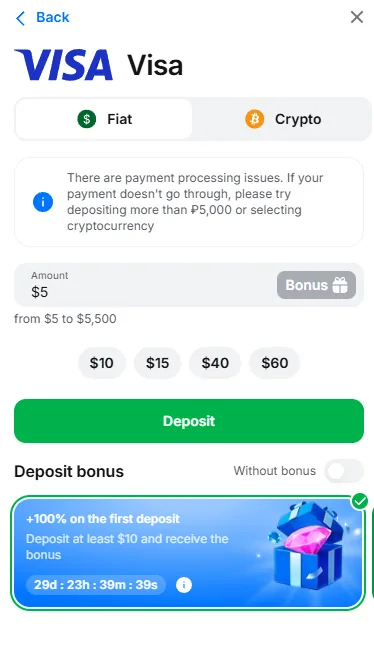 1Win Visa deposit screen showing a $5 minimum, range from $5 to $5,500, and the first-deposit bonus