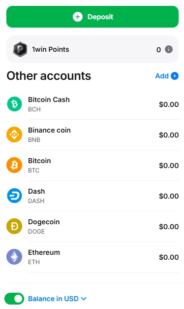 1Win crypto accounts list showing Bitcoin Cash, Binance Coin, Bitcoin, Dash, Dogecoin, and Ethereum balances