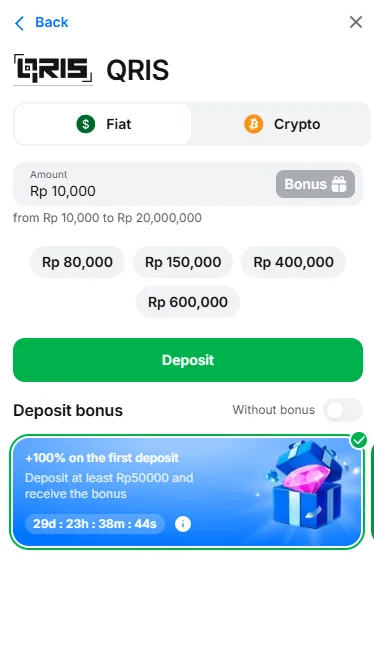 1Win QRIS deposit screen for Indonesia showing a Rupiah amount from Rp 10,000 and quick-select values