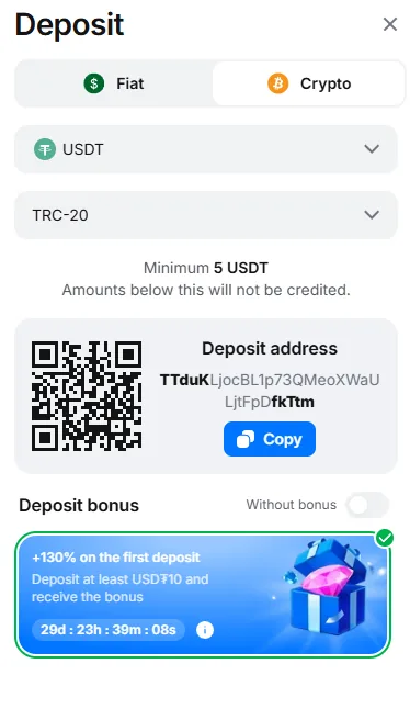 1Win USDT crypto deposit screen with TRC-20 network selected, a 5 USDT minimum, and a QR deposit address