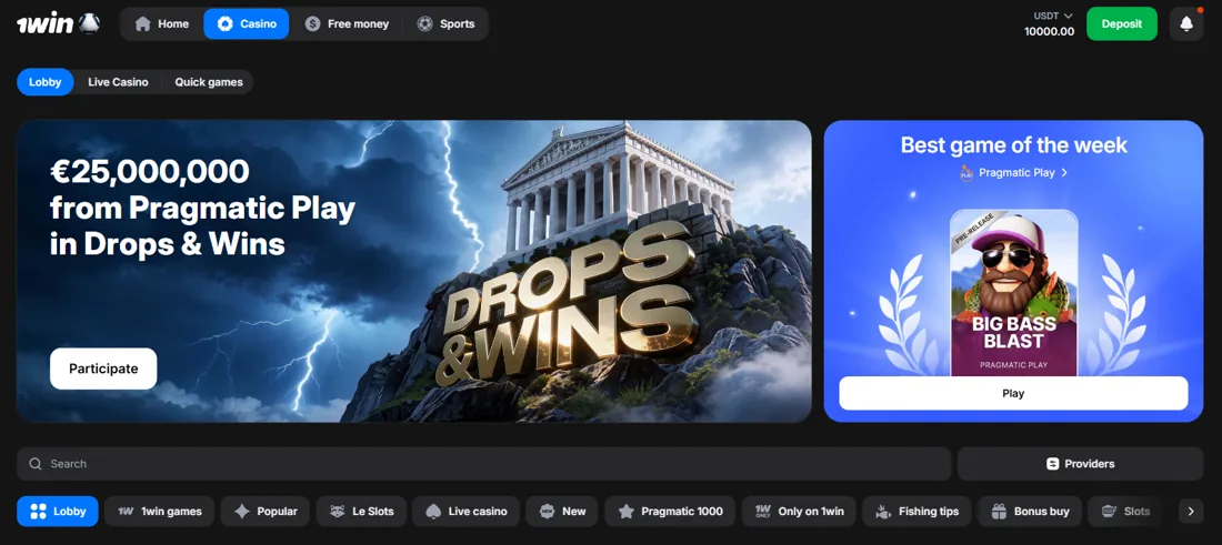 1Win casino lobby showing a Pragmatic Play Drops & Wins promotion and game categories including slots, Bonus Buy and Pragmatic 1000