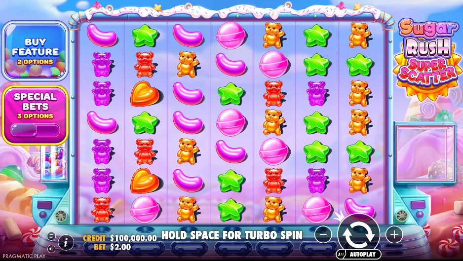 Sugar Rush Super Scatter base game 7x7 grid with candy bears, hearts, jelly beans and stars