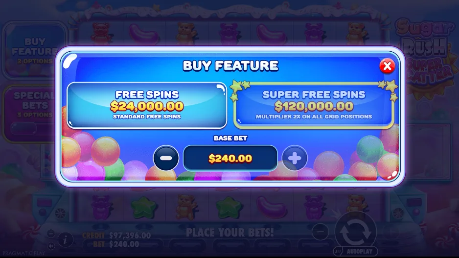 Sugar Rush Super Scatter Buy Feature modal — Free Spins $24,000 and Super Free Spins $120,000