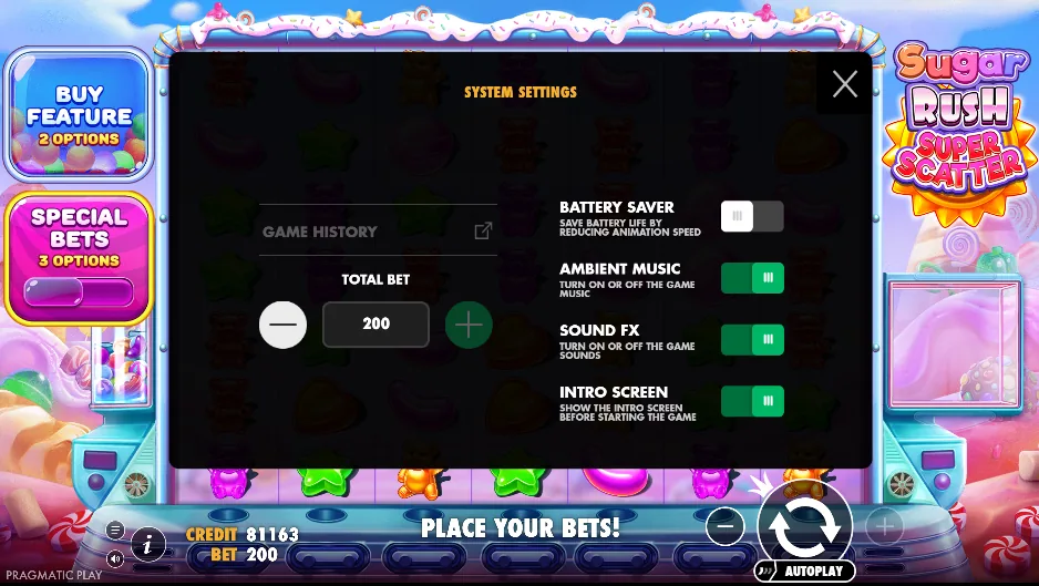Sugar Rush Super Scatter System Settings — Battery Saver, Ambient Music, Sound FX, Intro Screen toggles