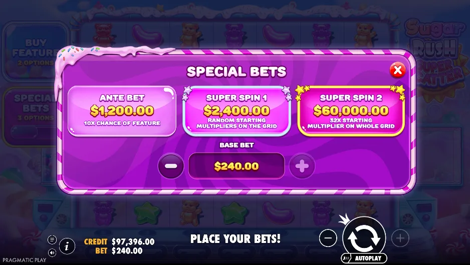 Sugar Rush Super Scatter Special Bets modal — Ante Bet, Super Spin 1, Super Spin 2