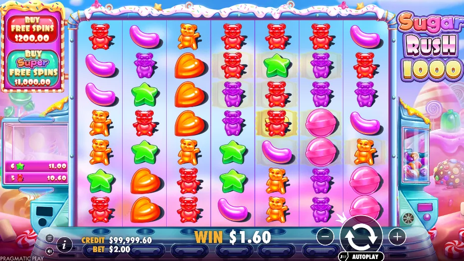 Sugar Rush 1000 base game 7x7 cluster grid in the free demo, showing a cluster win