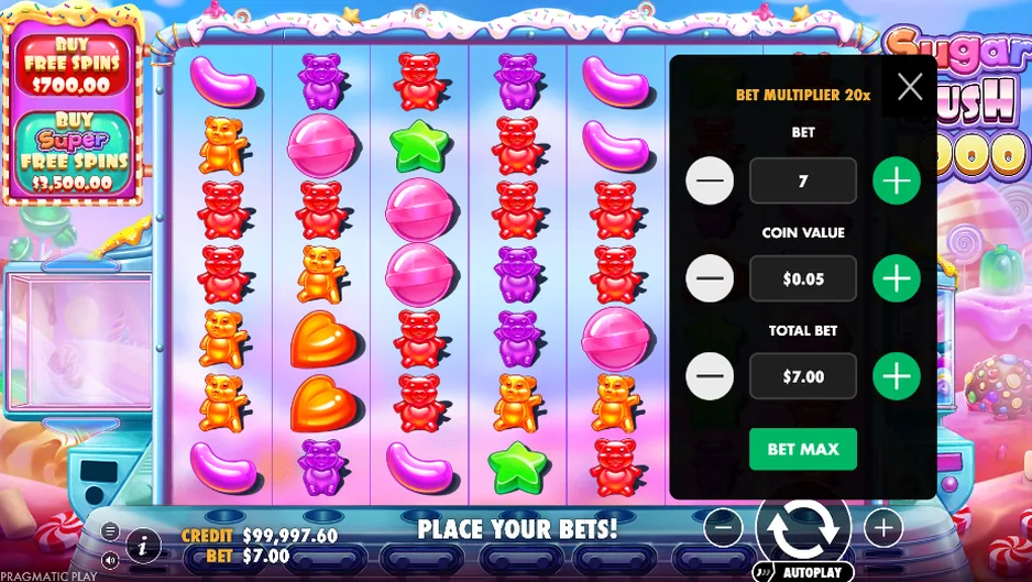 Sugar Rush 1000 bet menu in the demo showing bet range and buy feature options