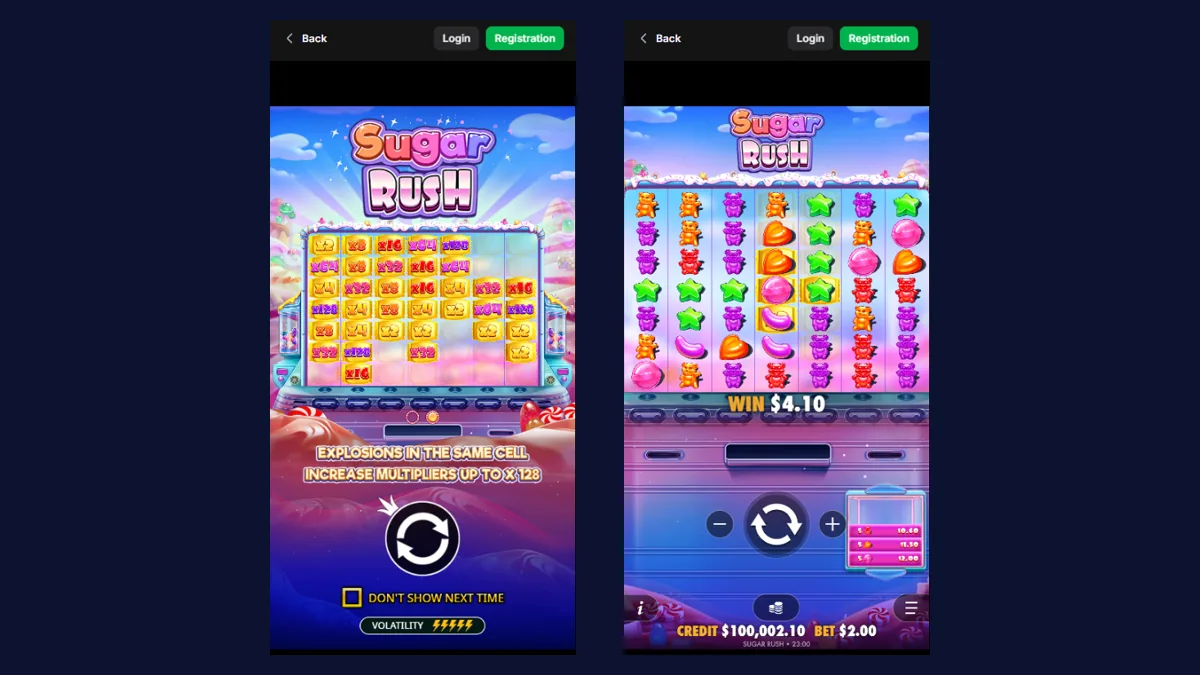 Original Sugar Rush loading screen with the x128 multiplier rule and portrait gameplay on a phone