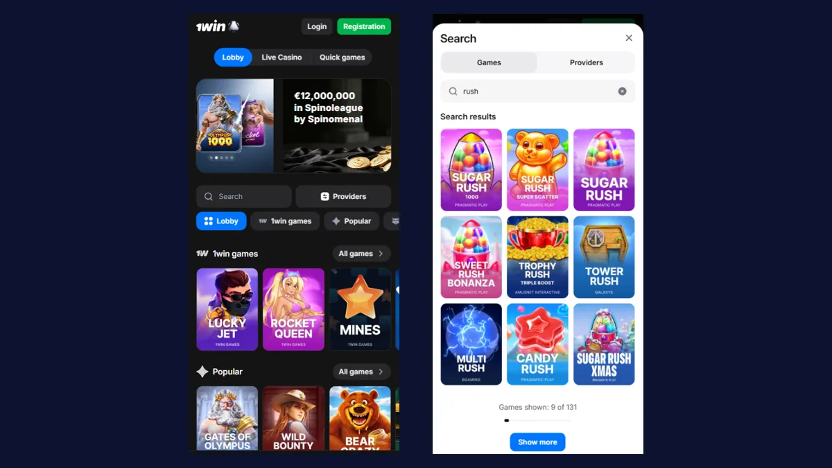 1Win app lobby and a search for rush showing Sugar Rush, Sugar Rush 1000, Super Scatter and Sugar Rush Xmas tiles together