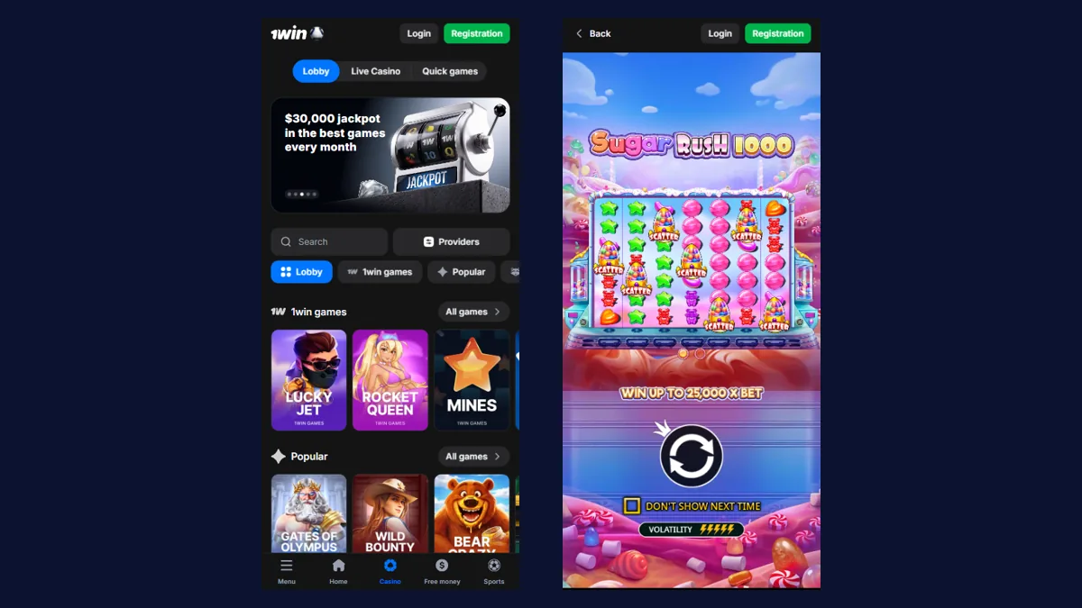 1Win mobile lobby and the Sugar Rush 1000 loading screen showing the 25,000x max win and 5/5 volatility