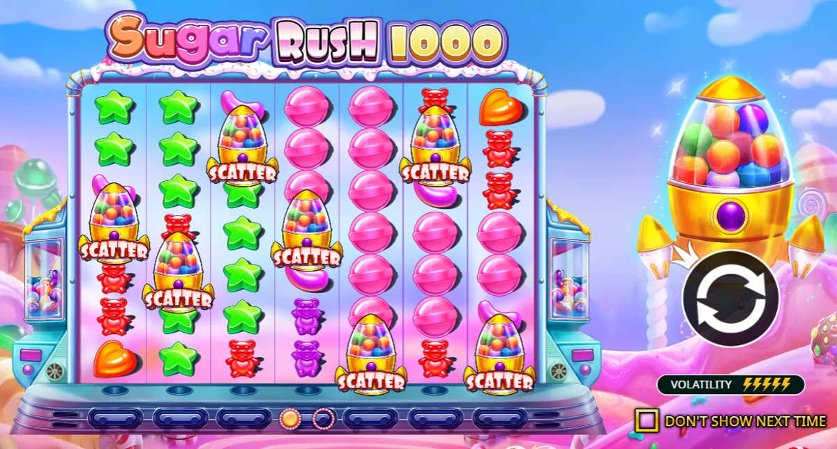 Sugar Rush 1000 running full screen in a desktop browser with the 7x7 grid and 25,000x max win splash