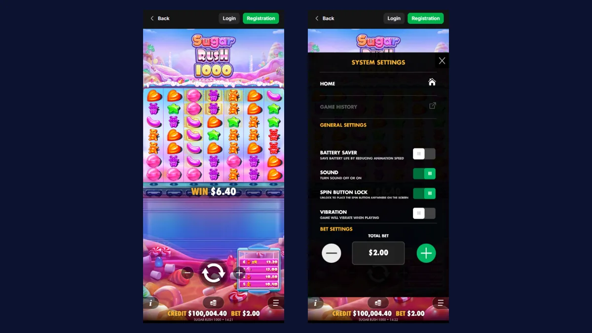 Sugar Rush 1000 playing on a phone in portrait with the system settings panel showing the Battery Saver toggle
